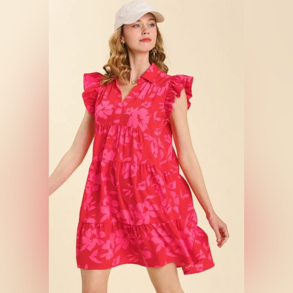 Umgee Pink Floral Tiered Ruffle Sleeve Dress